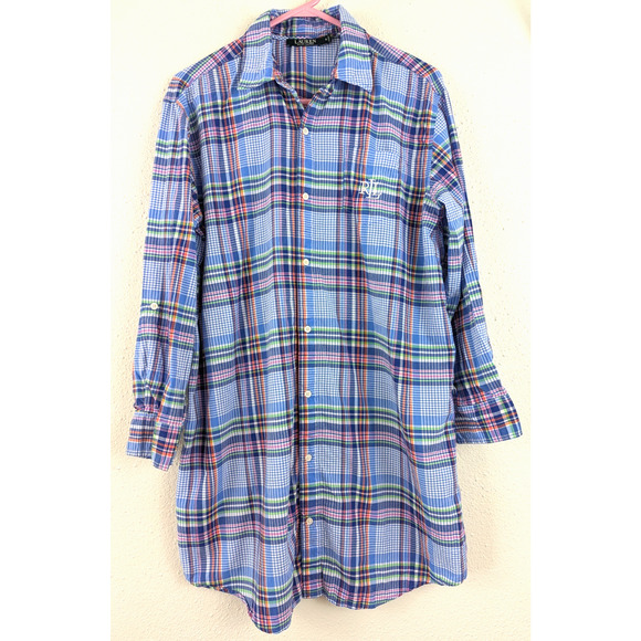 LAUREN Ralph Lauren sz M Sleep Shirt multi color plaid print buttons ls 0170 - Picture 1 of 7